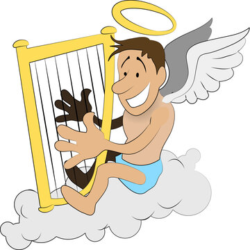An illustration of an angel playing harp on a cloud
