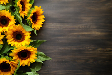 Wall Mural - Sunflowers on wooden background. Valentine's, womens, mothers day, birthday or wedding, summer flowers flat lay. Top view. Copy space. Generated AI.