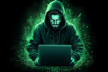 Cybersecurity - a man in a hoodie hacking on a computer against a green background.  Generative AI