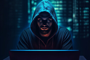 Cybersecurity - a man in a hoodie hacking on a computer against a green background.  Generative AI