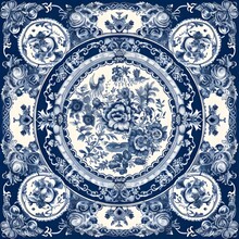 The Print Design From A Blue Willow China Plate Rearranged And Redesigned As A Repeating Fabric Pattern--tile