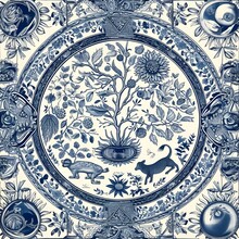 The Print Design From A Blue Willow China Plate Rearranged And Redesigned As A Repeating Fabric Pattern--tile