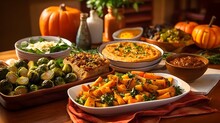 Harvest Bounty On The Table: Vegetarian Feast Highlighting Seasonal Vegetables. Created With Generative AI Tools.