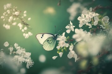 Wall Mural - Romantic natural floral background with a butterfly on flower with bokeh, close-up macro. AI generated, human enhanced