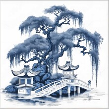 Blue And White Chinoiserie Weeping Willow Tree And Pagoda Clip Art