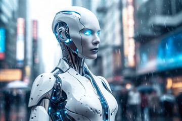 modern futuristic robot stood out on the street