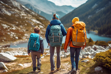 Wall Mural - A group of people with backpacks walking up a hill. Generative AI.