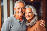 Fototapeta  - Happy senior couple portrait. Smiling cheerful elderly couple embracing and posing for camera. Generative AI