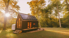 A Small House With A Solar Panel On The Roof. Tiny House, Generative AI.