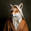 A fox dressed as a nun in a brown robe. Generative AI. Fox as a nun.