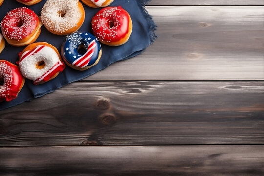 Top view of assorted glazed colorful doughnuts with icing. Various colorful glazed doughnuts with sprinkles laying on wooden table with copy space. AI generated content
