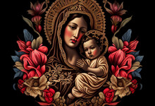 Mother Of God With Baby Jesus In Mexican Style Among Flowers, Generative AI