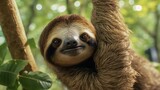 Fototapeta  - Wild sloth hanging on tree with funny face and relaxed look. Generative AI.