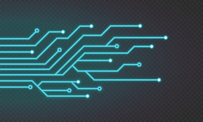 Poster - Glowing blue neon circuit board lines. Abstract technology neon circuit board. Digital circuit board elements. Modern tech design. Vector illustration