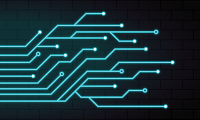Poster - Glowing blue neon circuit board lines. Abstract technology neon circuit board. Digital circuit board elements. Modern tech design. Vector illustration