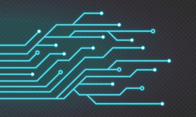 Poster - Glowing blue neon circuit board lines. Abstract technology neon circuit board. Digital circuit board elements. Modern tech design. Vector illustration