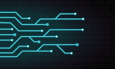 Poster - Glowing blue neon circuit board lines. Abstract technology neon circuit board. Digital circuit board elements. Modern tech design. Vector illustration