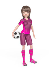 Wall Mural - soccer girl is smiling and ready to play football with the ball under her arms in white background