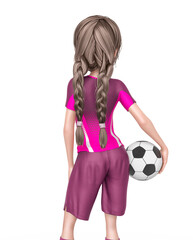 Wall Mural - soccer girl is ready to play football with the ball under her arms in white background rear view