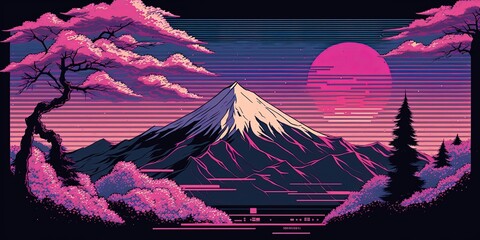 landscape fuji yama mountain japan in vapor wave synth background , ai generative