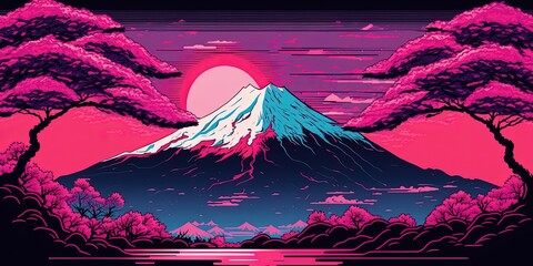 landscape fuji yama mountain japan in vapor wave synth background , ai generative
