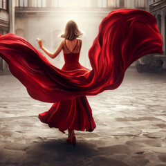 Stunning woman a beautiful red dress in an empty old town square, view from the back, generative AI illustration