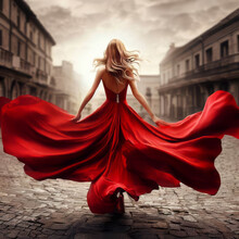 Stunning Woman A Beautiful Red Dress In An Empty Old Town Square, View From The Back, Generative AI Illustration