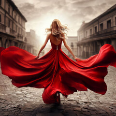 Wall Mural - Stunning woman a beautiful red dress in an empty old town square, view from the back, generative AI illustration