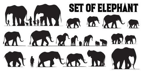 A set of elephant silhouette vector designs.