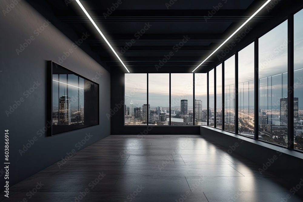 Modern gallery interior with windows providing daylight and a city ...