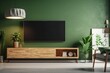 Modern living room furnishings with a TV cabinet against a green wall background. Generative AI