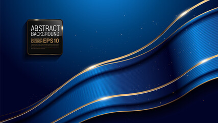 Wall Mural - gold curve line on blue luxury background, image abstract, overlap layer shadow gradients space composition, for banner, template design