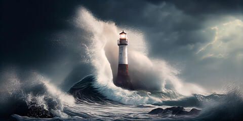  A luminous ancient sea lighthouse against the backdrop of huge waves and a raging sea during a storm. Generative AI