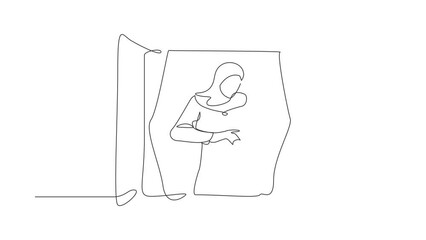 Poster - Self drawing animation of single line draw Arab woman holding cat looking through window. Stay home and play with her pet. Stay safe during pandemic. Coronavirus. Continuous line. Full length animated