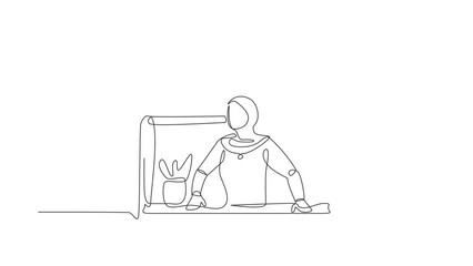 Poster - Self drawing animation of single one line draw Arab businesswoman looking outside window. Stay at home during covid-19. Woman with plant watching out the window. Continuous line. Full length animated
