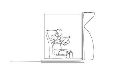 Poster - Animated self drawing of continuous line draw robot sitting in chair reading book. Sitting in armchair near window in living room. Humanoid robot cybernetic organism. Full length single line animation