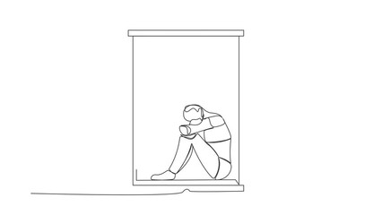 Poster - self drawing animation of single line draw of frustrated robot sitting on windowsill. depression, st