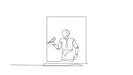Poster - Self drawing animation of single line draw robot with bird pet on hand. Open window, looking for fresh air. Robotic artificial intelligence. Technology industry. Continuous line. Full length animated