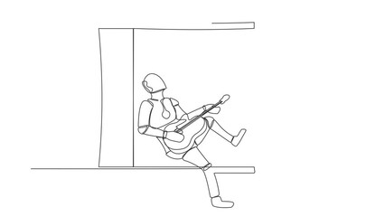 Poster - Self drawing animation of single one line draw robot sitting on windowsill playing guitar sing song. Relaxation, romantic. Robotic artificial intelligence. Continuous line draw. Full length animated
