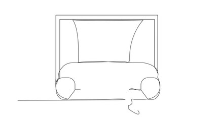 Poster - Self drawing animation of single line draw robot lying on sofa near windowsill at home. Spending time, relaxing after work. Robotic artificial intelligence. Continuous line draw. Full length animated