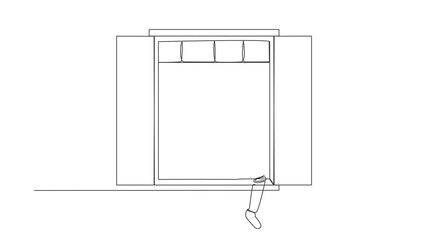 Poster - Animated self drawing of continuous line draw of robot sitting on windowsill and reads newspaper. Cozy balcony. Humanoid robot cybernetic organism. Future robotic. Full length single line animation
