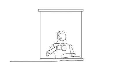 Poster - Animated self drawing of continuous line draw robot enjoy hot coffee in window house, holding mug, looking through window. Future technology. Artificial intelligence. Full length one line animation