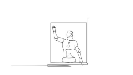 Poster - Animated self drawing of continuous line draw robot waving at window as look like to greet friends to come in. Humanoid robot cybernetic organism. Future robotic. Full length single line animation