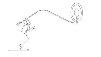 Poster - Self drawing animation of single line draw accuracy businessman holding dart arrow aiming target while riding horse chess piece. Success manager achievement. Continuous line draw. Full length animated