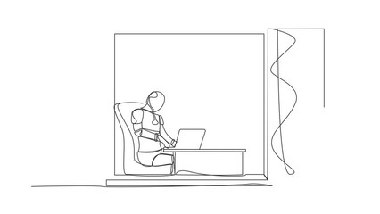 Poster - Animated self drawing of continuous line draw robot sitting at desk using laptop near window. Factory management. Future technology development. Artificial intelligence. Full length one line animation
