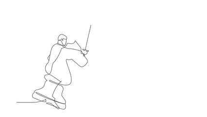 Poster - Self drawing animation of single line draw of businessman riding big horse chess piece with sword. Business strategy, winning competition, achievement goal. Continuous line draw. Full length animated