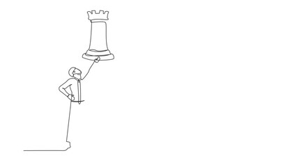 Poster - Animated self drawing of continuous line draw of businessman holding rook chess piece. Concept of tactical advantage, successful entrepreneurship tactics or strategy. Full length single line animation
