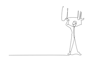 Poster - Self drawing animation of single line draw businessman holding or lifting king chess piece. Successful entrepreneurship, strategy, superiority in business. Continuous line draw. Full length animated
