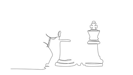 Poster - Self drawing animation of single one line draw businessman push huge rook chess piece to beat king. Business strategy and marketing plan. Strategic move. Continuous line draw. Full length animated