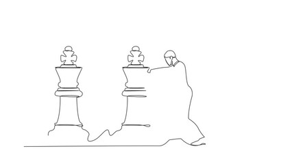 Poster - Animated self drawing of continuous line draw competitive businessman push huge king chess piece to beat another king. Business strategy and marketing plan concept. Full length one line animation